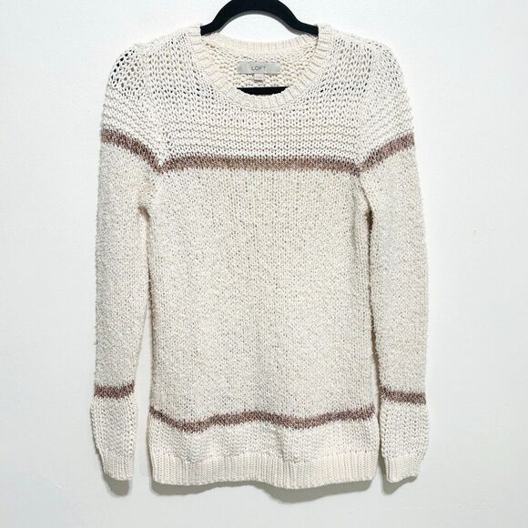 Loft Boucle Knit Sweater Wms Sz M Cream Mixed Texture Crewneck - Picture 3 of 8